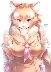  1girl absurdres animal_ears between_breasts blush breast_pocket breasts brown_hair eyebrows_visible_through_hair fang highres japanese_wolf_(kemono_friends) japari_symbol kanzakietc kemono_friends large_breasts long_hair looking_at_viewer multicolored_hair multicolored_neckwear necktie necktie_between_breasts open_mouth pink_neckwear pocket smile solo tail two-tone_hair very_long_hair white_hair white_neckwear wolf_ears wolf_tail 