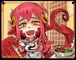  1girl :d apron bangs black_border bone border bowl breasts chibi dress fang feeding food hair_between_eyes hair_ornament hairclip happy holding holding_spoon incoming_food lamia long_hair long_sleeves looking_at_viewer miia_(monster_musume) monster_girl monster_musume_no_iru_nichijou open_mouth pointy_ears pov pov_feeding ramenwarwok redhead scales slit_pupils smile solo spoon sweater sweater_dress tail upper_body yellow_eyes 