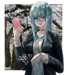  1girl blue_eyes breasts cellphone cherry_blossoms choker commentary glasses highres holding jacket long_hair original outdoors phone small_breasts smartphone solo tongue tongue_out white_hair yahiro 