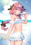 1boy ass astolfo_(fate) bangs bare_shoulders bikini bikini_skirt black_bow blue_sky bow braid clouds cloudy_sky commentary_request day eyebrows_visible_through_hair fate/grand_order fate_(series) food frills from_behind hair_between_eyes hair_bow hair_intakes hair_ribbon in_mouth long_hair looking_at_viewer male_focus multicolored_hair ooshima_aki open_mouth otoko_no_ko outdoors pink_bow pink_hair popsicle ribbon single_braid sky smile solo standing streaked_hair striped striped_bikini sun swimsuit violet_eyes 