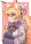  1girl =3 animal_ear_fluff animal_ears bangs blonde_hair blush border breasts brown_eyes bun_cover commentary_request dress eyebrows_visible_through_hair floral_print fox_ears fox_tail hair_between_eyes hair_bun highres large_breasts long_sleeves masanaga_(tsukasa) multiple_tails no_hat no_headwear ofuda outside_border pink_background short_hair sidelocks simple_background solo tabard tail touhou upper_body white_border white_dress wide_sleeves yakumo_ran 