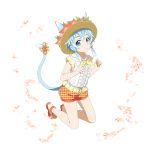  1girl animal_ears blue_eyes blue_hair bow cat_ears cat_tail child dress_shirt floating_hair flower full_body hair_between_eyes hair_ribbon hat hat_flower highres kneeling looking_at_viewer official_art orange_flower orange_shorts parted_lips plaid plaid_shorts ribbon shirt short_hair_with_long_locks short_shorts short_sleeves shorts sidelocks sinon_(sao-alo) solo sun_hat sword_art_online tail tail_bow transparent_background white_ribbon white_shirt yellow_headwear yellow_neckwear younger 