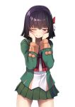  1girl bangs black_hair blunt_bangs blush bow closed_mouth eyebrows_visible_through_hair green_jacket green_skirt hair_bow hands_on_own_cheeks hands_on_own_face ishigaki_(kantai_collection) jacket kantai_collection long_sleeves mofu_namako one_eye_closed pleated_skirt pom_poms red_eyes red_neckwear ribbon sailor_collar short_hair simple_background skirt smile solo white_background 
