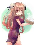  :d alternate_costume baozi breasts brown_eyes china_dress chinese_clothes cowboy_shot dress eyebrows_visible_through_hair food from_side gradient_hair heterochromia highres hirune_(konekonelkk) holding holding_food kantai_collection large_breasts light_brown_hair long_hair looking_at_viewer multicolored_hair murasame_(kantai_collection) open_mouth red_eyes remodel_(kantai_collection) smile two_side_up 