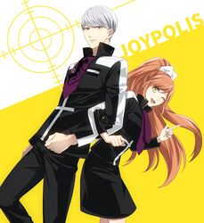  1boy 1girl ;d back-to-back black_jacket black_pants black_skirt bow brown_hair couple dangan_ronpa dangan_ronpa_3 floating_hair green_eyes grey_eyes hair_bow index_finger_raised itohara jacket leaning_back leaning_forward locked_arms long_hair long_sleeves looking_at_viewer medium_skirt munakata_kyousuke necktie one_eye_closed open_mouth pants print_neckwear purple_neckwear silver_hair skirt smile very_long_hair white_bow yukizome_chisa 