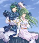  1boy 1girl absurdres armor back-to-back bandana cloak fingerless_gloves fire_emblem fire_emblem:_seisen_no_keifu fury_(fire_emblem) gloves green_eyes green_hair hair_over_eyes hat_feather highres levin_(fire_emblem) long_hair looking_at_viewer melka_(elyss-abyss) pauldrons sitting thigh-highs 