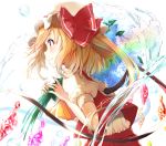  1girl bangs blonde_hair blush bow commentary_request crystal eyebrows_visible_through_hair flandre_scarlet from_side hands_up happiness_lilys hat hat_bow long_hair mob_cap one_side_up profile puffy_short_sleeves puffy_sleeves rainbow red_bow red_eyes red_skirt red_vest shirt short_sleeves skirt skirt_set solo touhou upper_body vest water_drop white_background white_headwear white_shirt wings 