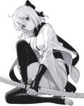  1girl ahoge arm_guards bangs bow closed_mouth commentary_request eyebrows_visible_through_hair fate/grand_order fate_(series) full_body greyscale hair_between_eyes hair_bow holding holding_sheath japanese_clothes katana kimono knee_up koha-ace long_sleeves looking_at_viewer monochrome no_shoes obi okita_souji_(fate) okita_souji_(fate)_(all) ririko_(zhuoyandesailaer) sash scarf sheath sheathed short_kimono simple_background solo stirrup_legwear sword toeless_legwear weapon white_background wide_sleeves 