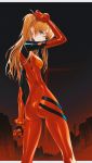  1girl adjusting_hair arm_up ass blue_eyes bodysuit breasts building commentary_request from_behind long_hair looking_at_viewer looking_back neon_genesis_evangelion orange_hair plugsuit profile ruins small_breasts solo souryuu_asuka_langley standing wanke 