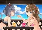  2girls :d animal_ears bangs bare_arms bare_shoulders bikini black_ribbon blue_sky blush braid breasts brown_hair cat_ears cat_hair_ornament cat_tail closed_eyes closed_mouth clouds commentary_request day eye_contact eyebrows_visible_through_hair fang feeding hair_between_eyes hair_intakes hair_ornament hair_ribbon highres holding holding_spoon horizon leaning_forward looking_at_another medium_breasts multiple_girls ocean one_side_up open_mouth original outdoors pink_bikini ponytail profile red_ribbon ribbon shaved_ice silver_hair sky smile sora_(silent_square) spoon swimsuit table tail tail_raised upper_body water yuri 