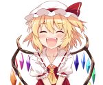  1girl :d ^_^ ascot bangs blonde_hair blush closed_eyes collarbone commentary_request crystal e.o. eyebrows_visible_through_hair facing_viewer fangs flandre_scarlet frilled_shirt_collar frills hair_between_eyes hat hat_ribbon highres mob_cap one_side_up open_mouth puffy_short_sleeves puffy_sleeves red_ribbon red_vest ribbon ribbon-trimmed_collar ribbon_trim shirt short_hair short_sleeves simple_background smile solo touhou upper_body vest white_background white_headwear white_shirt wings yellow_neckwear 