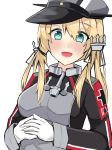  1girl absurdres anchor_hair_ornament aqua_eyes blonde_hair blush dokuganryuu gloves hair_ornament hat highres iron_cross kantai_collection low_twintails military military_hat military_uniform open_mouth peaked_cap prinz_eugen_(kantai_collection) simple_background smile solo twintails uniform upper_body white_background white_gloves 