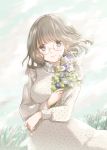  1girl absurdres arm_across_chest bangs blue_sky blush bouquet breasts brown_eyes clouds commentary_request contrapposto day dress flower glasses grass hair_blowing head_tilt highres holding holding_bouquet hoshiibara_mato light_brown_hair long_sleeves looking_at_viewer medium_breasts medium_hair original outdoors polka_dot polka_dot_dress rose shirt_under_dress sky sleeve_cuffs smile solo standing white_dress white_flower white_rose 