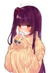  1girl blush commentary_request drinking etto_eat girls_frontline highres long_hair purple_hair red_eyes solo sweater tin_can translated wa2000_(girls_frontline) white_background 