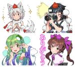  4girls ;d ^_^ animal_ears arm_up armpits bangs bare_shoulders black_bow black_hair black_neckwear black_wings blush bow bowtie brown_eyes brown_hair camera clenched_hand closed_eyes commentary_request cropped_torso detached_sleeves eyebrows_visible_through_hair feathered_wings frilled_shirt_collar frills frog_hair_ornament green_eyes green_hair hair_between_eyes hair_ornament hair_ribbon hair_tubes hand_up hat head_tilt himekaidou_hatate holding holding_camera interlocked_fingers inubashiri_momiji kochiya_sanae long_hair long_sleeves looking_at_viewer matsuda_(matsukichi) multiple_girls one_eye_closed open_mouth own_hands_together pink_shirt pom_pom_(clothes) puffy_short_sleeves puffy_sleeves purple_ribbon red_eyes ribbon sarashi shameimaru_aya shirt short_hair short_sleeves sidelocks silver_hair simple_background smile snake_hair_ornament star tail tail_wagging taking_picture tassel tokin_hat touhou translated twintails upper_body v_over_eye white_background white_shirt wide_sleeves wings wolf_ears wolf_tail 