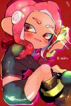  1girl black_footwear black_skirt boots english_text food glint kirikuchi_riku long_hair miniskirt octarian octoling open_mouth pink_hair red_background red_eyes silhouette single_sleeve sitting skirt smile solo sparkle splatoon_(series) splatoon_2 splatoon_2:_octo_expansion suction_cups takoyaki tentacle_hair 