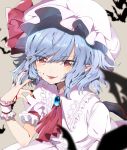  &gt;:) 1girl :p ascot bangs bat bat_wings blood blood_on_face bloody_hands blue_hair blush bow brooch center_frills commentary dress ear_piercing eyebrows_visible_through_hair fangs fangs_out fingernails frilled_shirt_collar frills grey_background hair_between_eyes hand_up hat hat_bow highres jewelry looking_at_viewer mob_cap nail_polish piercing pointy_ears puffy_short_sleeves puffy_sleeves red_bow red_eyes red_nails red_neckwear remilia_scarlet satoupote sharp_fingernails short_hair short_sleeves simple_background smile solo symbol_commentary tongue tongue_out touhou upper_body v-shaped_eyebrows white_dress white_headwear wings wrist_cuffs 