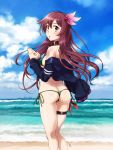  1girl beach bikini blue_jacket blue_sky breasts collar day green_bikini hair_ornament jacket kantai_collection kisaragi_(kantai_collection) long_hair long_sleeves medium_breasts ocean outdoors purple_hair remodel_(kantai_collection) sameha_ikuya sky solo standing string_bikini swimsuit thigh_strap violet_eyes 