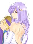  1girl alternate_costume back bare_shoulders blush cape circlet detached_sleeves dress fire_emblem fire_emblem:_seisen_no_keifu holding_clothes lavender_hair long_hair long_sleeves looking_at_viewer looking_back simple_background solo strapless strapless_dress twitter_username violet_eyes white_background white_sleeves wide_sleeves yukia_(firstaid0) yuria_(fire_emblem) 