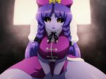  1girl alternate_color alternate_eye_color alternate_hair_color bangs beret black_bow black_sclera bow braid breasts commentary_request eyebrows_visible_through_hair hair_bow hat hong_meiling large_breasts leaning_forward long_hair looking_at_viewer open_mouth puffy_short_sleeves puffy_sleeves purple_hair purple_headwear purple_skirt purple_vest shirosato shirt short_sleeves side_slit sitting skirt skirt_set solo star thick_thighs thighs touhou twin_braids v_arms vest white_shirt yellow_eyes 