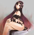  1girl akahito_yoshiichi bangs bare_shoulders black_choker black_dress breasts brown_hair center_opening choker consort_yu_(fate) crossed_legs dress ear_piercing earrings fate/grand_order fate_(series) jewelry legs long_hair looking_at_viewer medium_breasts multiple_earrings navel open_mouth parted_lips piercing red_eyes revealing_clothes simple_background sitting solo strapless strapless_dress thighs very_long_hair 
