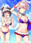  2girls adapted_costume alternate_costume alternate_hairstyle arm_up armpits asymmetrical_hair bikini black_hair blue_bikini blue_eyes blue_sky breasts cellphone choker day double_bun earrings fate/grand_order fate_(series) frilled_bikini frills glasses hairband holding holding_phone jewelry medium_breasts mikan_(chipstar182) miyamoto_musashi_(fate/grand_order) multiple_girls navel osakabe-hime_(fate/grand_order) outdoors phone pink_hair ponytail purple_bikini red-framed_eyewear sky smartphone swimsuit violet_eyes wading wet 