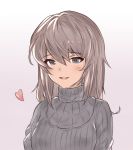  1girl arutoria_(187497382) bangs blue_eyes commentary eyebrows_visible_through_hair girls_und_panzer gradient gradient_background grey_sweater itsumi_erika light_blush lips long_hair looking_at_viewer open_mouth pink_background portrait ribbed_sweater silver_hair smile solo sweater turtleneck 