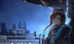  1girl amiya_(arknights) animal_ears arknights bangs black_jacket blue_eyes blue_skirt blurry blurry_background blush brown_hair building chahei commentary_request depth_of_field eyebrows_visible_through_hair hair_between_eyes jacket long_hair looking_at_viewer night night_sky open_clothes open_jacket outdoors parted_lips rabbit_ears shirt sidelocks skirt sky solo star_(sky) starry_sky upper_body white_shirt 