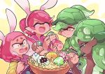  +_+ 4girls alternate_hair_color alternate_headwear animal_ears aori_(splatoon) bangs baseball_cap basket bespectacled blunt_bangs brown_eyes calligraphy_brush closed_eyes closed_mouth commentary constricted_pupils cousins dark_skin domino_mask earrings easter_egg egg english_commentary fake_animal_ears fangs frown glasses green_eyes green_hair green_headwear green_shirt hat hime_(splatoon) holding holding_brush holding_egg holding_pen hotaru_(splatoon) iida_(splatoon) jewelry laughing leaning_forward long_sleeves mask mole mole_under_eye mole_under_mouth multicolored multicolored_skin multiple_girls open_mouth paint_on_face paintbrush painting pen pink_hair pink_shirt rabbit_ears shirt sleeveless sleeveless_shirt smile splatoon_(series) splatoon_2 tearing_up tentacle_hair turtle_shell wong_ying_chee 