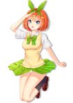  1girl absurdres bangs blue_eyes blush bow breasts brown_footwear commentary_request eyebrows_visible_through_hair full_body go-toubun_no_hanayome green_bow green_ribbon green_skirt hair_between_eyes hair_intakes hair_ribbon highres large_breasts loafers looking_at_viewer nakano_yotsuba open_mouth orange_hair panties ribbon shirt shoes short_hair short_sleeves simple_background skirt smile solo sweater_vest tming underwear white_background white_panties white_shirt 