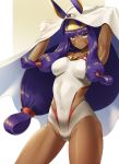  1girl absurdres animal_ears armpits closed_mouth covered_navel dark_skin earrings facepaint facial_mark fate/grand_order fate_(series) highres hoop_earrings jackal_ears jewelry long_hair looking_at_viewer low-tied_long_hair necklace nitocris_(fate/grand_order) nitocris_(swimsuit_assassin)_(fate) one-piece_swimsuit purple_hair smile solo star741 swimsuit violet_eyes white_swimsuit 