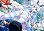  1girl :o animal bangs bird blue_eyes blue_hair blue_neckwear blue_ribbon blurry blush chestnut_mouth chinomaron clouds commentary_request depth_of_field dress eyebrows_visible_through_hair floating flying frilled_dress frills gochuumon_wa_usagi_desu_ka? hair_between_eyes hair_ornament hairclip kafuu_chino light_blue_hair long_hair looking_at_viewer multiple_others ocean open_mouth outdoors ribbon shoes short_sleeves striped striped_legwear thigh-highs water water_drop x_hair_ornament 