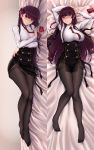 1girl arms_up bangs black_legwear black_skirt blush breasts collared_shirt dakimakura eyebrows_visible_through_hair feet girls_frontline hair_ribbon half_updo high-waist_skirt jewelry large_breasts long_hair looking_at_viewer lying necktie no_shoes on_back on_side one_side_up pantyhose purple_hair red_eyes red_neckwear ribbon ring shirt skirt suspenders thighband_pantyhose very_long_hair wa2000_(girls_frontline) wedding_band zhishi_ge_fangzhang 