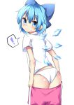 ! 1girl ass bangs blue_bow blue_eyes blue_hair blush bow cirno commentary_request cowboy_shot eyebrows_visible_through_hair from_behind hair_between_eyes hair_bow head_tilt highres ice ice_wings kuraaken looking_at_viewer looking_back panties pink_shorts shirt short_hair short_sleeves shorts simple_background solo spoken_exclamation_mark standing sweat touhou underwear undressing white_background white_panties white_shirt wings 