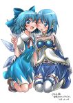  2girls ;d arm_up artist_name blue_dress blue_eyes blue_gloves blue_hair blue_skirt blush bobby_socks bow brown_footwear cheek-to-cheek cirno collarbone commentary_request crossover dated dress elbow_gloves eyebrows_visible_through_hair fortissimo fortissimo_hair_ornament gauntlets gloves hair_between_eyes hair_bow hair_ornament highres kneeling leg_belt looking_at_another looking_at_viewer magical_girl mahou_shoujo_madoka_magica miki_sayaka multiple_girls neck_ribbon one_eye_closed open_mouth over-kneehighs pinafore_dress puffy_short_sleeves puffy_sleeves red_neckwear ribbon shirt short_hair short_sleeves skirt smile socks thigh-highs touhou v white_legwear white_shirt wing_collar wings yazawa_mana 