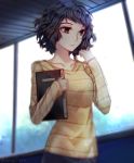  1girl black_eyes black_hair collarbone hand_in_hair holding indoors kawakami_sadayo long_sleeves persona persona_5 shirt short_hair solo standing striped striped_shirt twitter_username upper_body yaoto yellow_shirt 