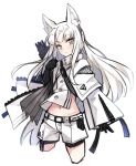 1girl animal_ear_fluff animal_ears arknights black_gloves blush closed_mouth comma cowboy_shot cropped_legs gloves hayakawa_harui jacket long_hair long_sleeves looking_at_viewer platinum_(arknights) short_shorts shorts simple_background sleeves_past_wrists solo very_long_hair white_background white_hair white_jacket white_shorts wide_sleeves yellow_eyes