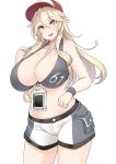 1girl between_breasts blonde_hair blush breasts cellphone hat highres huge_breasts iowa_(kantai_collection) kantai_collection long_hair navel open_mouth phone red_headwear ryuun_(stiil) shorts smartphone smile violet_eyes 
