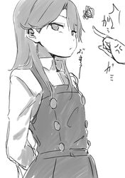  /\/\/\ 1girl anger_vein angry arashio_(kantai_collection) arms_behind_back bangs belt blush buttons closed_mouth collared_shirt commentary dress eyebrows_visible_through_hair eyes_visible_through_hair frown greyscale hair_over_shoulder highres kantai_collection long_hair long_sleeves looking_away monochrome pinafore_dress pointing puffy_cheeks rakisuto remodel_(kantai_collection) shirt simple_background skirt squiggle swept_bangs upper_body white_background 