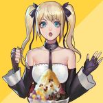  1girl bare_shoulders black_ribbon blonde_hair blue_eyes breasts covered_navel cup dead_or_alive dead_or_alive_5 dead_or_alive_6 detached_sleeves food hair_ornament hair_ribbon ice_cream long_hair1 marie_rose open_mouth phamoz ribbon shaved_ice small_breasts smile solo spoon twintails x_hair_ornament 