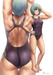  1girl aqua_eyes ass barefoot black_swimsuit blue_hair breasts collarbone commentary_request competition_swimsuit covered_navel cowboy_shot finalcake from_behind full_body hand_on_hip lips multiple_views muscular_female one-piece_swimsuit parted_lips sei_asagiri short_hair small_breasts standing swimsuit va-11_hall-a white_background zoom_layer 
