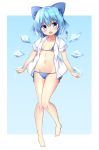  1girl bangs bare_legs barefoot bikini blue_background blue_bikini blue_bow blue_eyes blue_hair blush border bow breasts cirno collarbone commentary_request eyebrows_visible_through_hair fang full_body groin hair_between_eyes hair_bow head_tilt highres ice ice_wings kuraaken looking_at_viewer navel open_clothes open_mouth open_shirt outside_border shirt short_hair short_sleeves side-tie_bikini simple_background skin_fang small_breasts solo sparkle stomach sweat swimsuit thighs touhou translated white_border white_shirt wings 