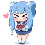  &gt;_&lt; 1girl alternate_breast_size arms_behind_back bangs blue_hair blue_sailor_collar blue_skirt blush bow breasts brown_footwear chibi closed_eyes closed_mouth collarbone colored_shadow double_bun eyebrows_visible_through_hair full_body goo_girl half_slime-chan hana_kazari heart kneehighs large_breasts leaning_forward long_hair monster_girl original pleated_skirt red_bow sailor_collar school_uniform serafuku shadow shirt shoes sidelocks skirt smile solo standing white_background white_legwear white_shirt 