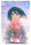  1girl absurdres ahoge alternate_costume birthday blush bouquet character_name chiyomaru_(yumichiyo0606) clouds cloudy_sky flower green_hair happy_birthday highres holding holding_flower looking_at_viewer macross macross_frontier open_mouth pink_flower ranka_lee red_eyes short_hair sky smile solo wind wind_lift 