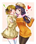  ! arm_around_waist blush breasts brown_hair cheek-to-cheek closed_mouth fur_hat hat heart koizumi_hanayo long_hair love_live! love_live!_school_idol_project low_twintails medium_breasts multiple_girls off_shoulder one_eye_closed open_mouth pantyhose purple_hair sha short_hair simple_background smile sweater thigh-highs toujou_nozomi twintails violet_eyes yuri 