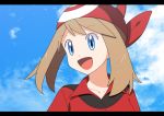  1girl bandana blue_eyes brown_hair clouds collarbone haruka_(pokemon) highres letterboxed looking_to_the_side open_mouth pokemon pokemon_(game) pokemon_oras portrait short_hair sky smile solo yuihiko 