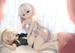  2girls :o ahoge arms_up aties20 babydoll bangs bare_arms bare_shoulders barefoot bed_sheet black_shirt blonde_hair blue_eyes blush breasts cevio closed_eyes collarbone commentary_request crossover curtains eyebrows_visible_through_hair girl_on_top hair_between_eyes ia_(vocaloid) long_hair lying multiple_girls navel nose_pinch on_back one_(cevio) open_mouth outstretched_arm parted_lips pillow shirt short_sleeves sidelocks silver_hair sleeping small_breasts transparent very_long_hair vocaloid white_babydoll 