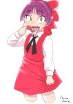  1girl bow cat_girl commentary_request cropped_legs dress gegege_no_kitarou hair_bow looking_at_viewer mizu_kane mouth_pull nekomusume nekomusume_(gegege_no_kitarou_6) open_mouth pointy_ears purple_hair red_bow red_dress sharp_teeth short_hair simple_background solo teeth white_background yellow_eyes 