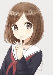  1girl black_shirt blush brown_eyes brown_hair closed_mouth collarbone finger_to_mouth grey_background hand_up long_sleeves looking_at_viewer nasuna neckerchief original red_neckwear sailor_collar school_uniform serafuku shirt shushing simple_background smile solo white_sailor_collar 