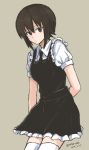  1girl arm_behind_back bangs black_dress black_neckwear brown_background brown_eyes brown_hair closed_mouth collared_shirt commentary cowboy_shot dated dress frilled_dress frills girls_und_panzer leaning_forward light_frown looking_at_viewer mutsu_(layergreen) necktie nishizumi_maho puffy_short_sleeves puffy_sleeves shirt short_hair short_sleeves simple_background solo standing thigh-highs twitter_username white_legwear white_shirt wing_collar 